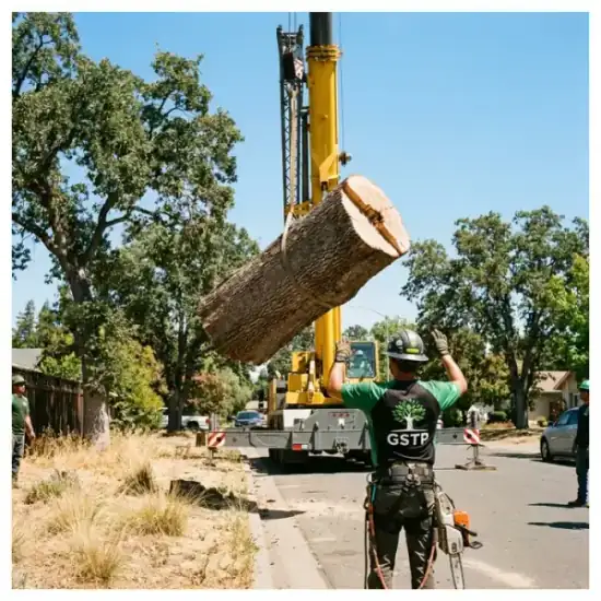 Crane lowering a tree section during a Fresno removal